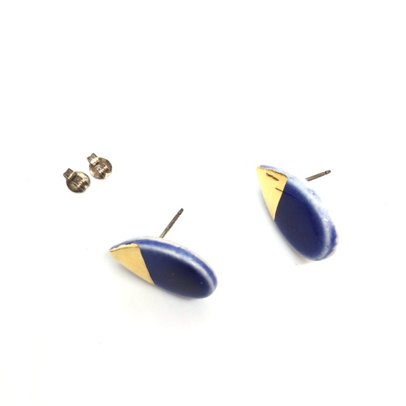 3/$30 PORCELAIN GOLD DIP BLUE GLAZE TEARDROP STUD EARRINGS STERLING SILVER PETAL - Picture 10 of 16